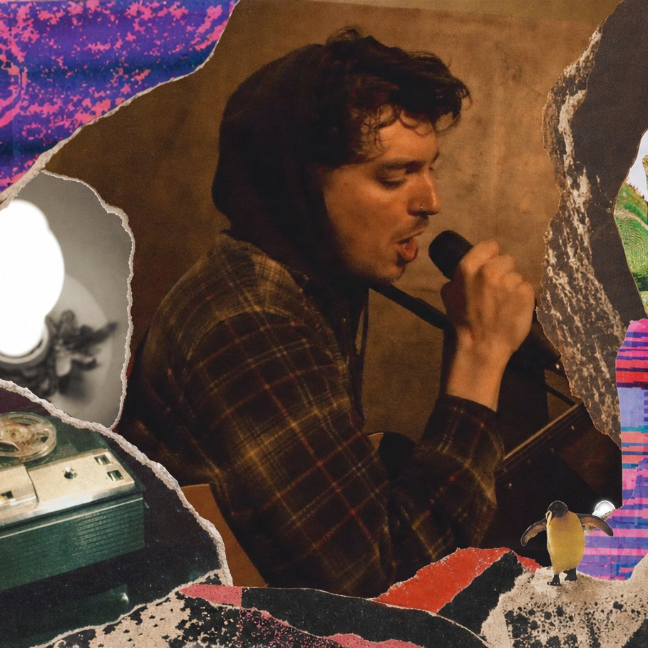 Robin Fisher singing with an acoustic guitar, framed by a colorful collage of animals, rocks and electronic textures.