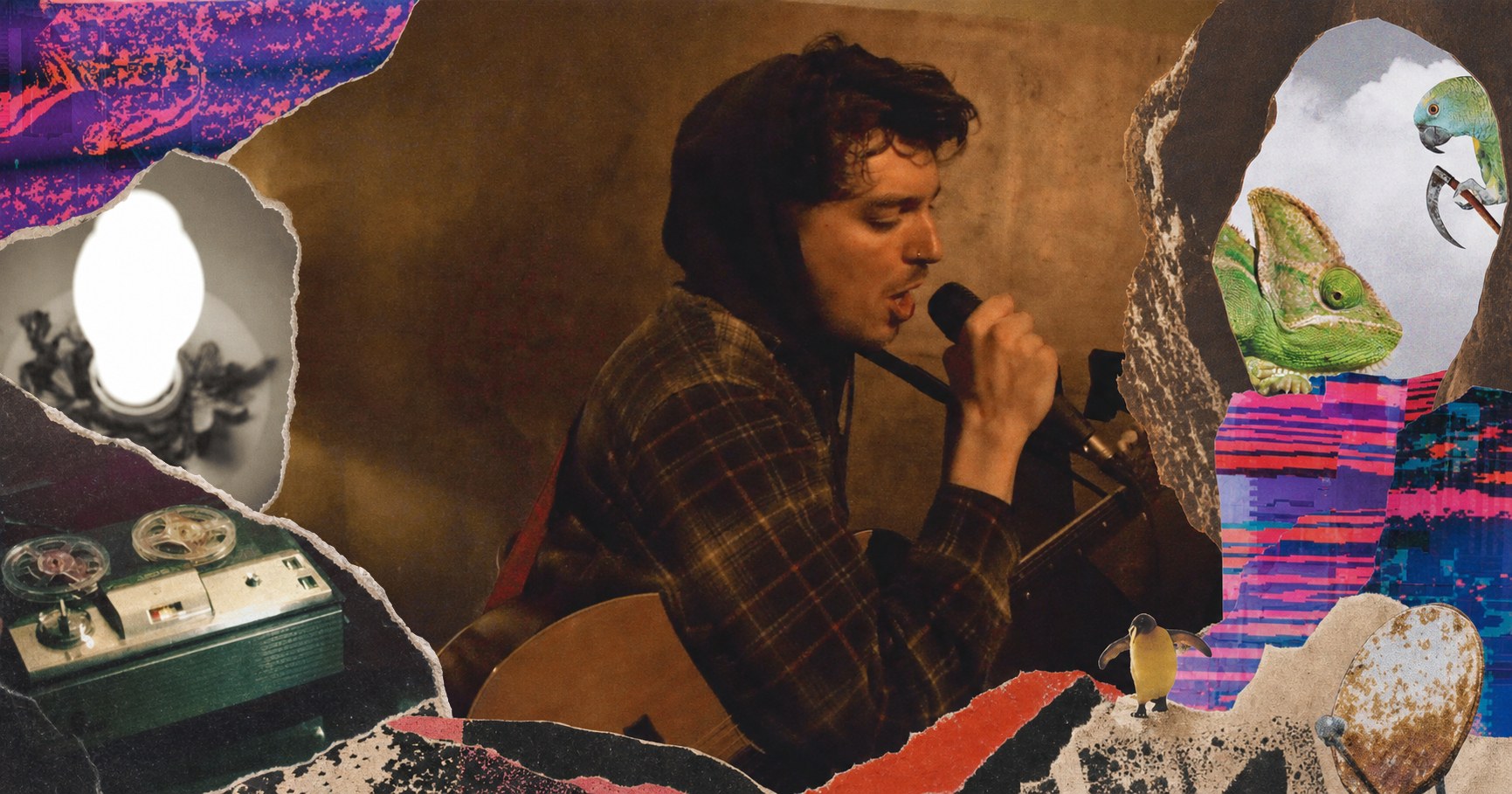 Robin Fisher singing with an acoustic guitar, framed by a colorful collage of animals, rocks and electronic textures.