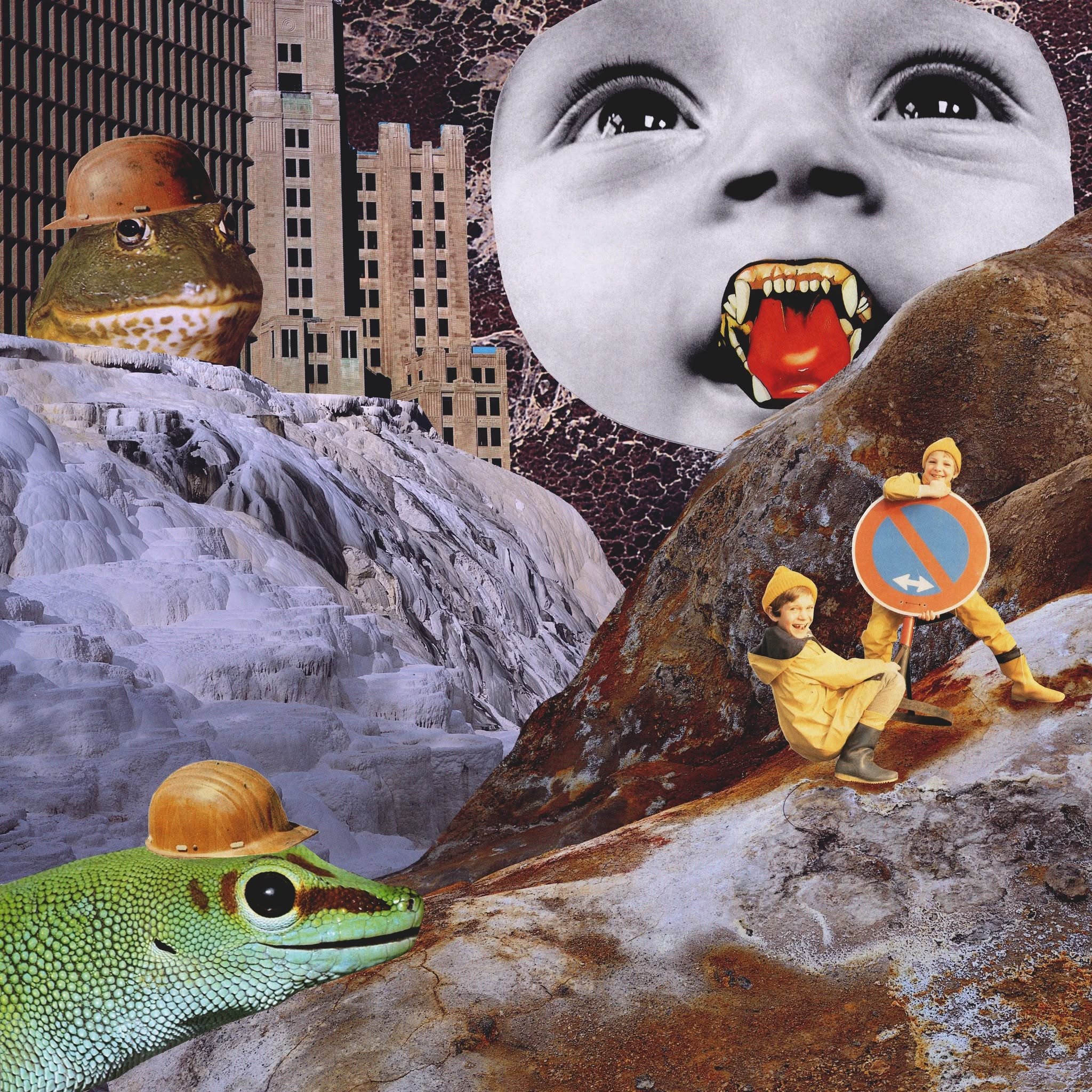 A surreal rocky collage with a hard-hatted frog, a giant face, buildings, lizards and two children holding a road sign.