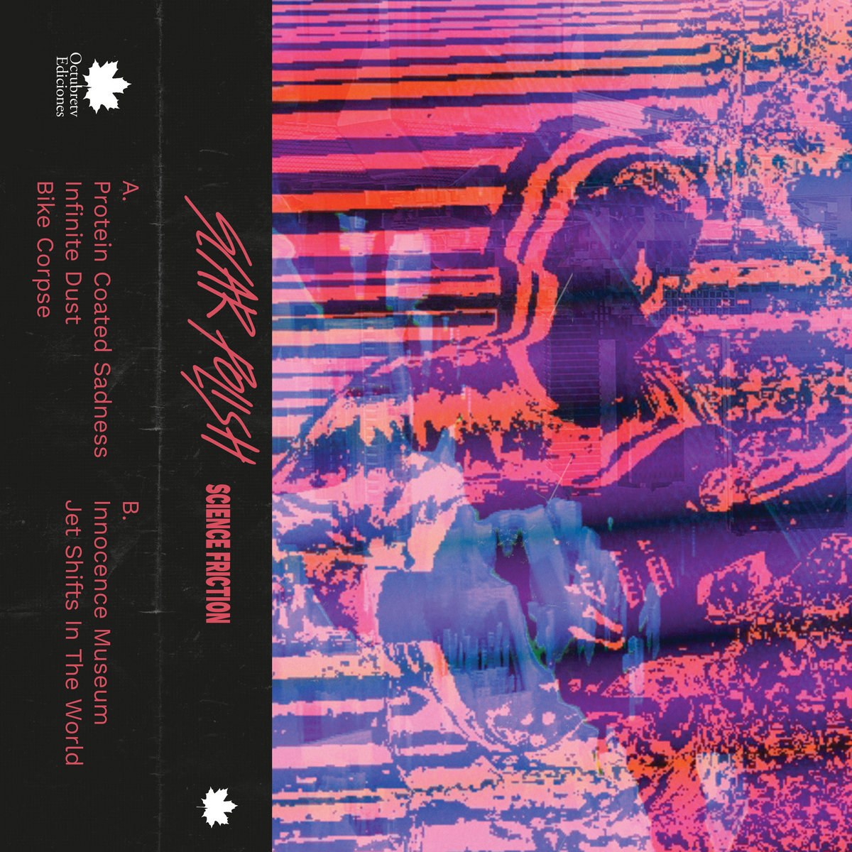 Science Friction cassette artwork with dense pink, violet and blue video-feedback textures.