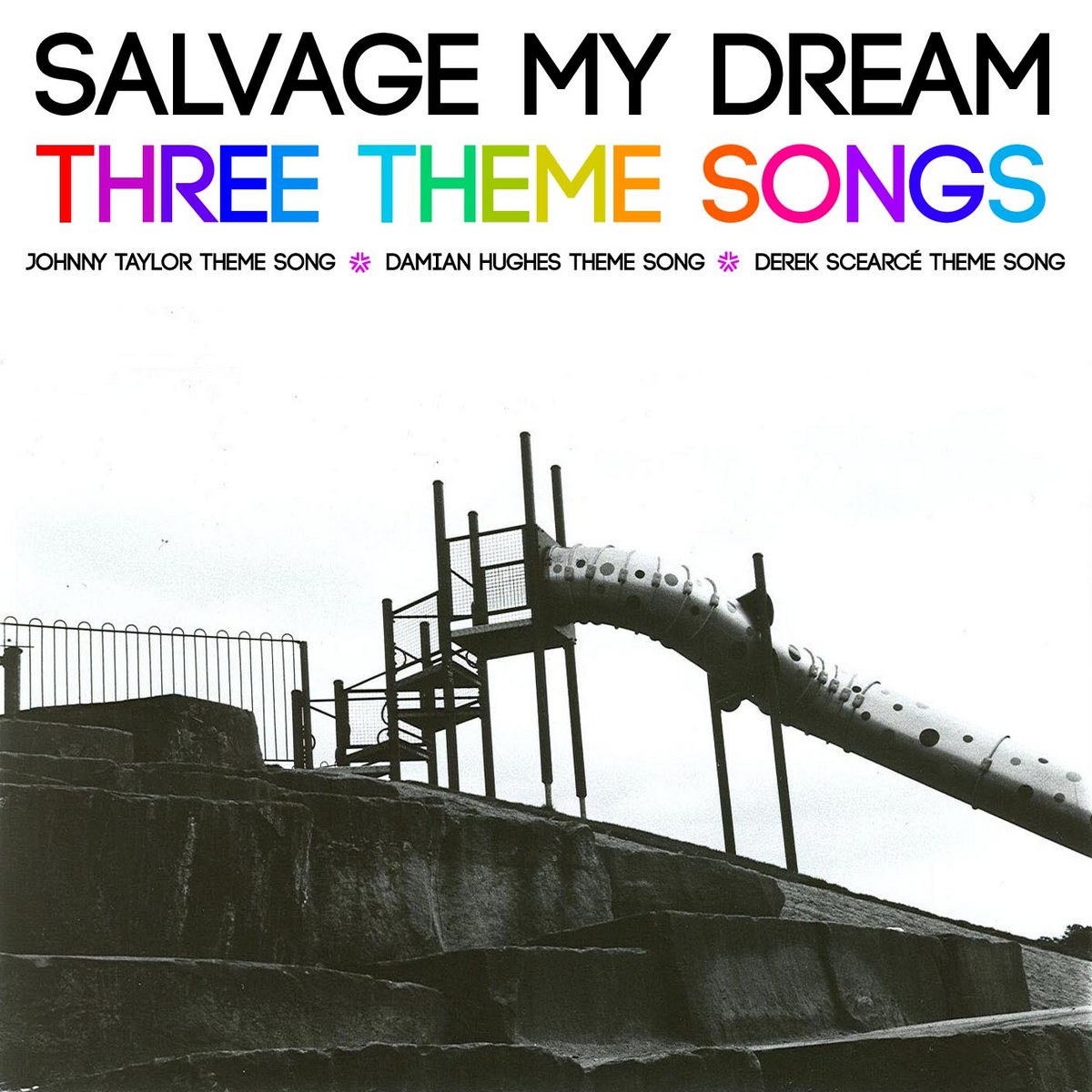 Three Theme Songs cover with rainbow typography above a black-and-white playground.